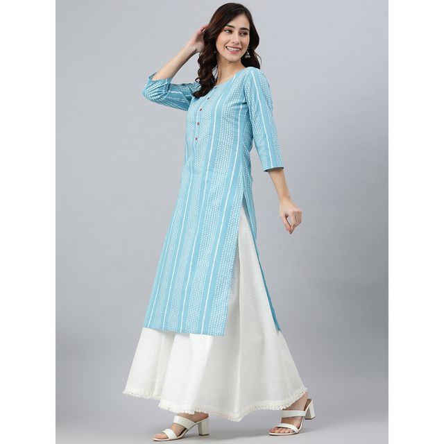 Janasya Women s Blue Pure Cotton Striped Straight Kurta - JNE3787-KR - S