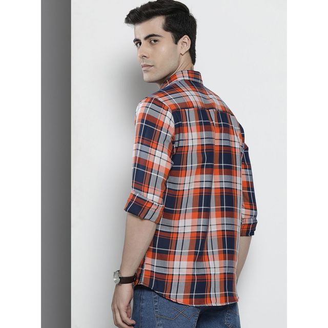The Indian Garage Co Men's Regular Fit Checkered Casual Shirt | Navy Blue - L
