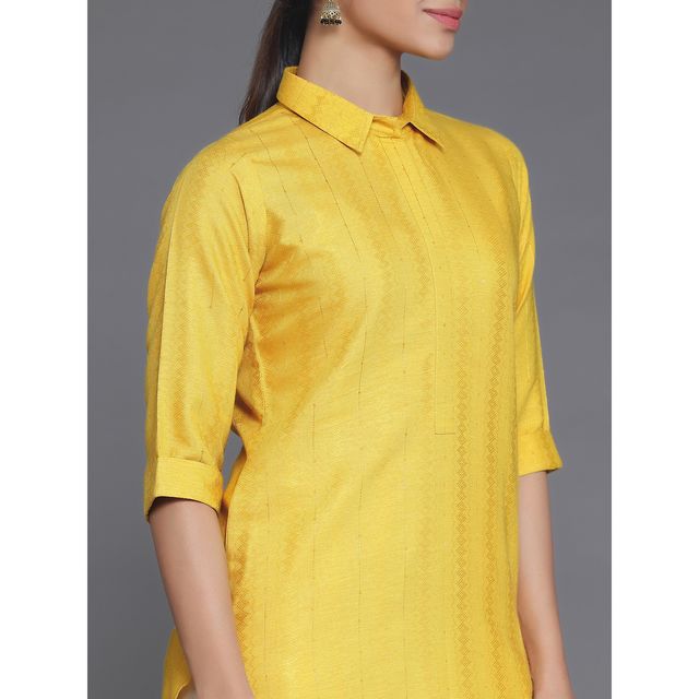 Libas Women's Yellow Woven Design Cotton Straight Kurta | 26876 - L