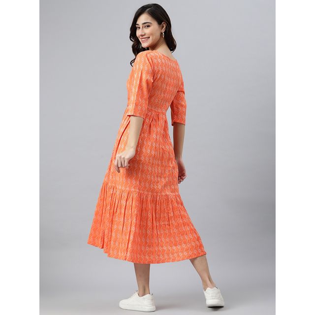 Janasya Women s Orange Pure Cotton Woven Design Tiered Western Dress - JNE3870-DR - S