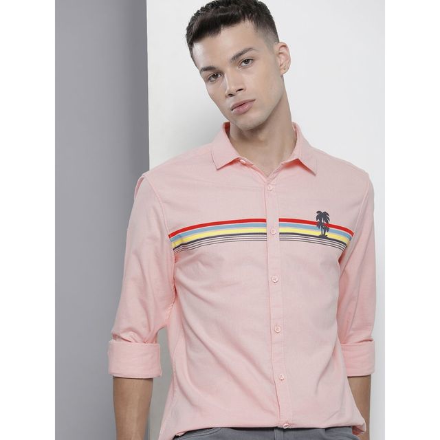 The Indian Garage Co Men's Regular Fit Placement Print Casual Shirt | Pink - S