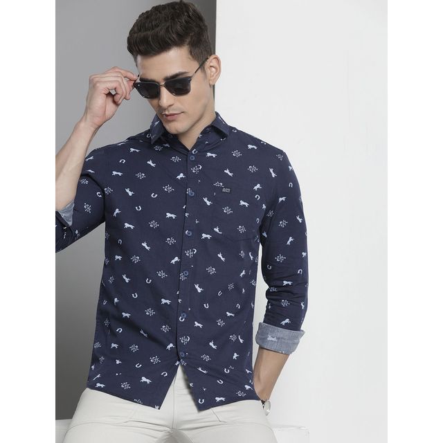 The Indian Garage Co Men's Regular Fit Animal Print Casual Shirt | Navy Blue - M