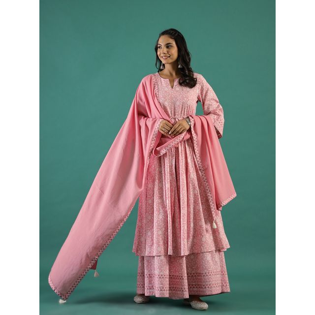 Rangdeep Floral Printed Regular Pure Cotton Anarkali Kurta | Sharara & Dupatta | Women | Pink | L