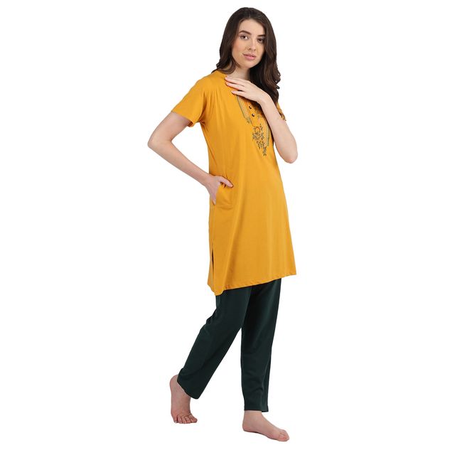 Duchess Women s Cotton Regular Fit Printed-Embroided Long Night Suit Set | Mustard-Olive | 2XL