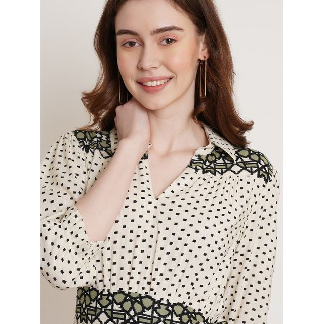 Wyshlist Women's Dress Flared Hem Geometric Print With Puff Sleeves | Off White - XL