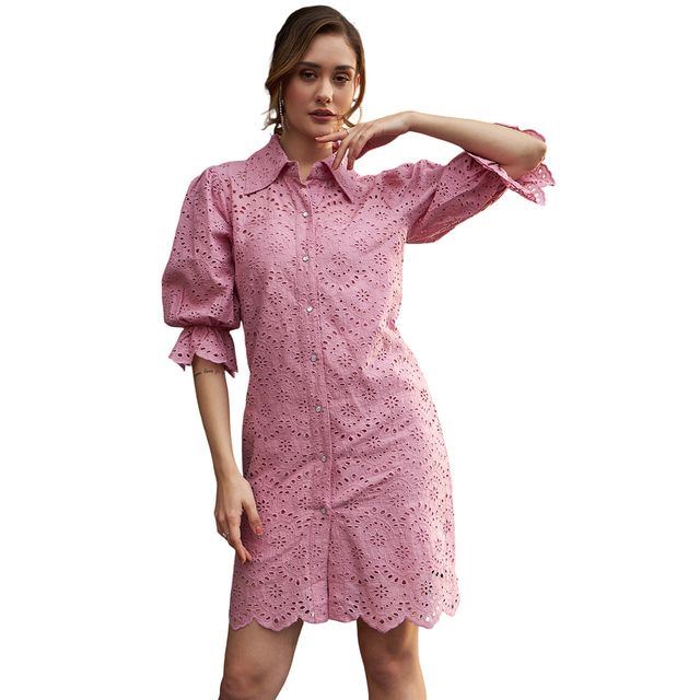 Athena Women's Self Design Schiffli Cotton Shirt Dress Pink - S