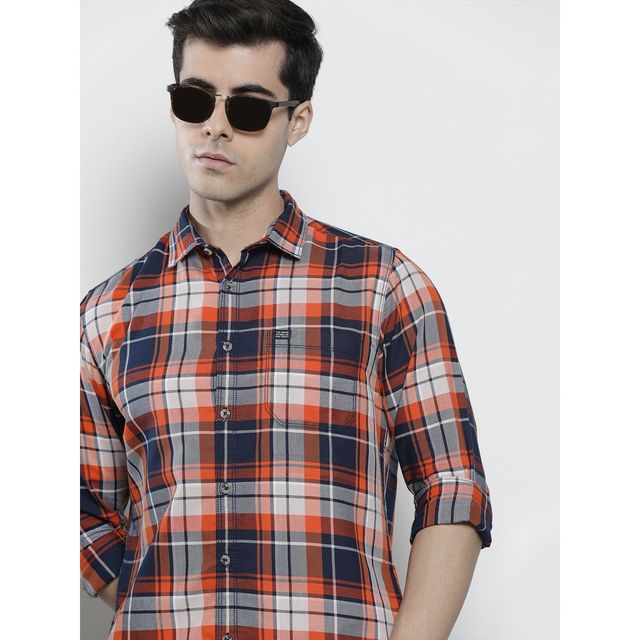 The Indian Garage Co Men's Regular Fit Checkered Casual Shirt | Navy Blue - L
