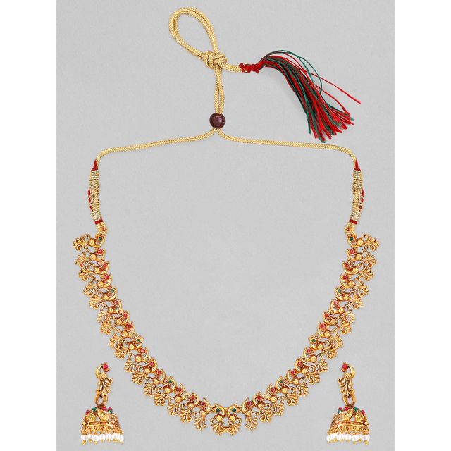 Rubans 22K Gold-Plated Red and Green Studded Temple Jewellery Set