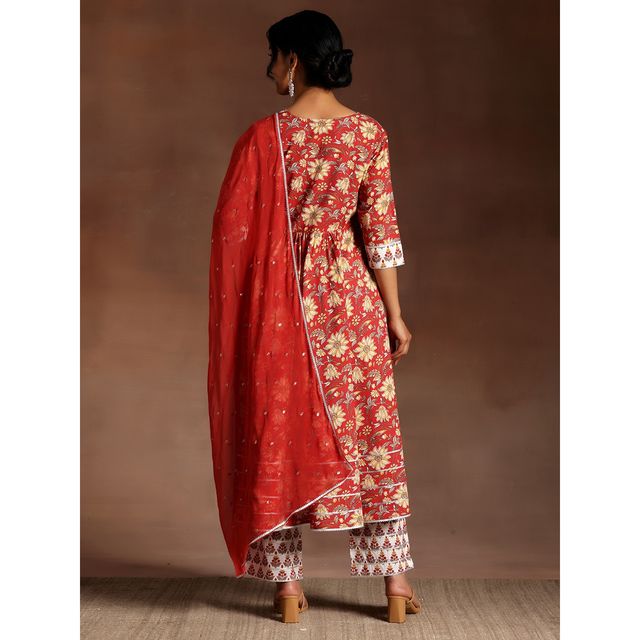 Libas Women's Red Printed Cotton Anarkali Suit With Dupatta | M