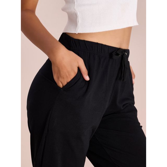 Go Colors Women's Solid Cotton Mid Rise Casual Joggers | LL07 | Black - S