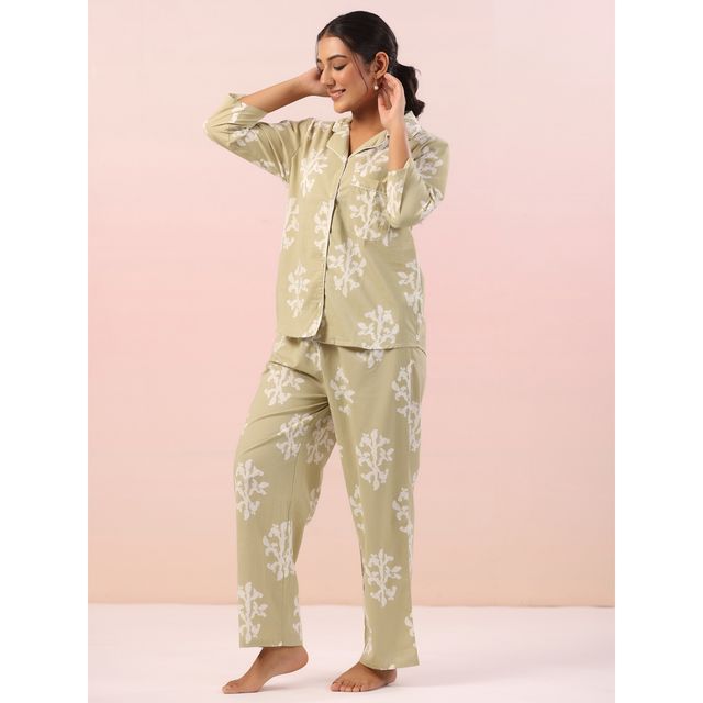 Sanskrutihomes Women Pure Cotton Green Printed Night Suit SE-NSP-522 | XL