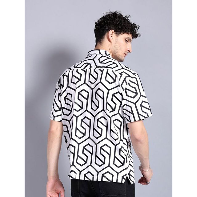 The Indian Garage Co Men's Relaxed Fit Geometric Print Party Half Sleeve Shirt | White - M