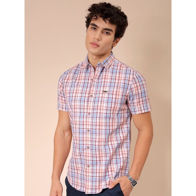 The Indian Garage Co Men's Slim Fit Half Sleeve Shirt | Peach - XL