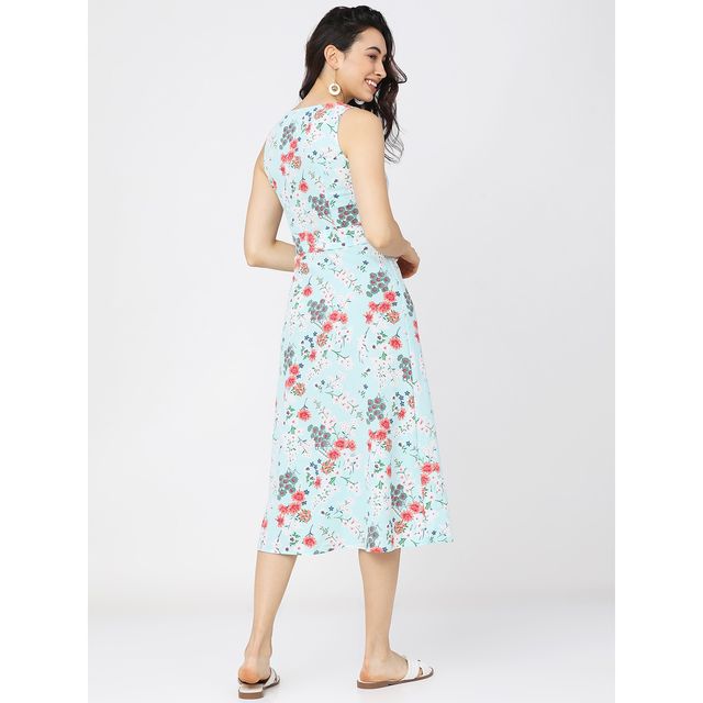 Tokyo Talkies Women's Floral Printed A-Line Midi Dress With Belt | Blue - XL