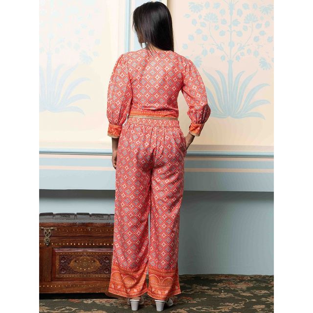 Ishin Women's Printed Cotton Co-ord Set | Red - M