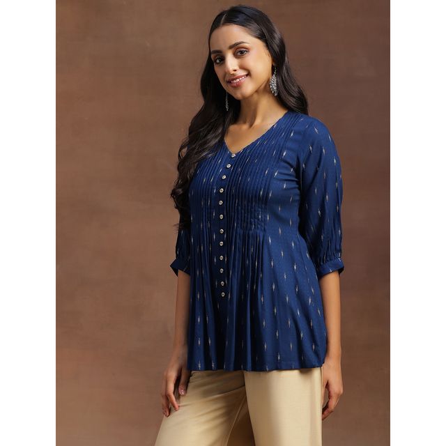 Libas Women's Woven Design Cotton Blend A-line Kurti | 29134 29134 | Blue - S