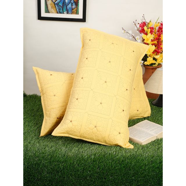 Hosta Homes Pure Cotton Yellow Floral Embroidred Pillow Covers Pack of 2
