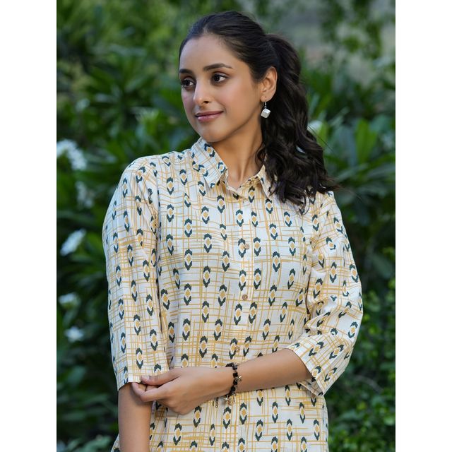 Sanskrutihomes Mustard And Blue Ethnic Motifs Printed Pure Cotton Night Suit | M