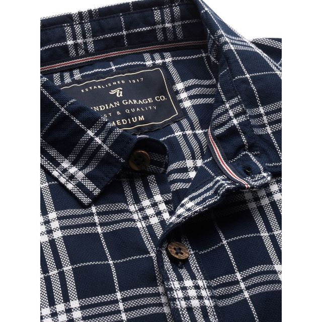 The Indian Garage Co Men's Slim Fit Checkered Casual Shirt | Navy Blue - 2XL