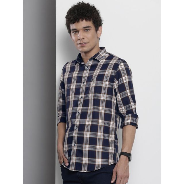 The Indian Garage Co Men's Regular Fit Checkered Casual Shirt | Navy - 2XL