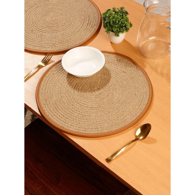 Hosta Homes Natural Jute Brown Leather Bounderied Reversible Table Place Mats | Tan | | Pack of 2