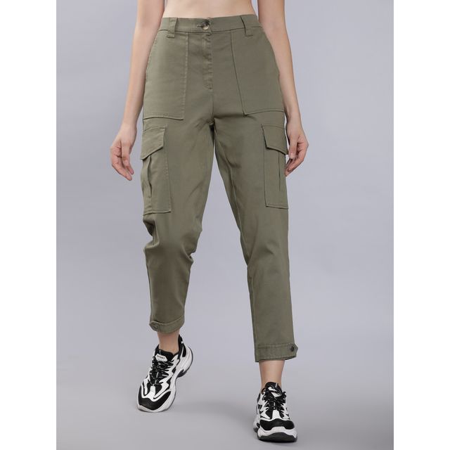 Tokyo Talkies Women's Regular Fit Solid Cargos | Olive Green - 30