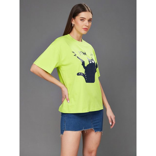 Miss Chase Women s Pew Pew Cat Oversized Tee Lime Green | XL