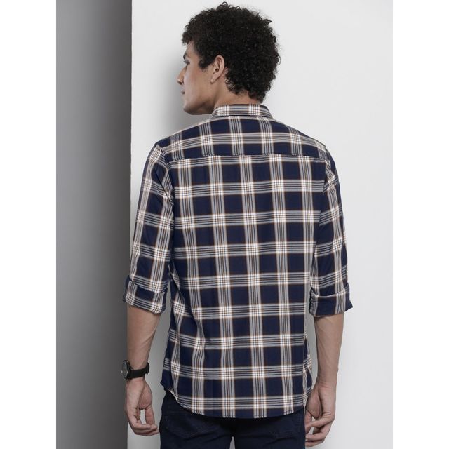 The Indian Garage Co Men's Regular Fit Checkered Casual Shirt | Navy - 2XL