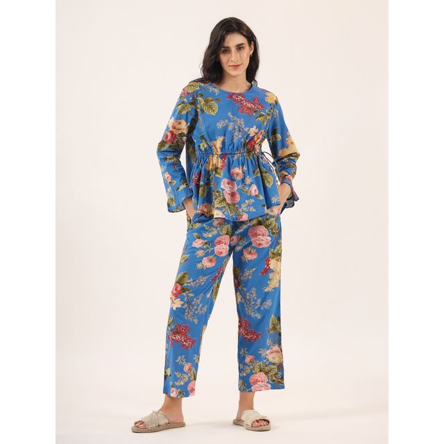 Sanskrutihomes Women's Floral Cotton Nightwear | Blue - XL