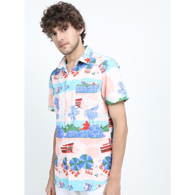 Highlander Men's Slim Fit Floral Printed Casual Shirt - Pink Multi | L