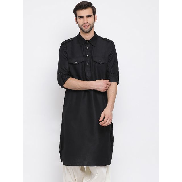 Vastramay Men's Cotton Blend Pathani Kurta | Black - XXL