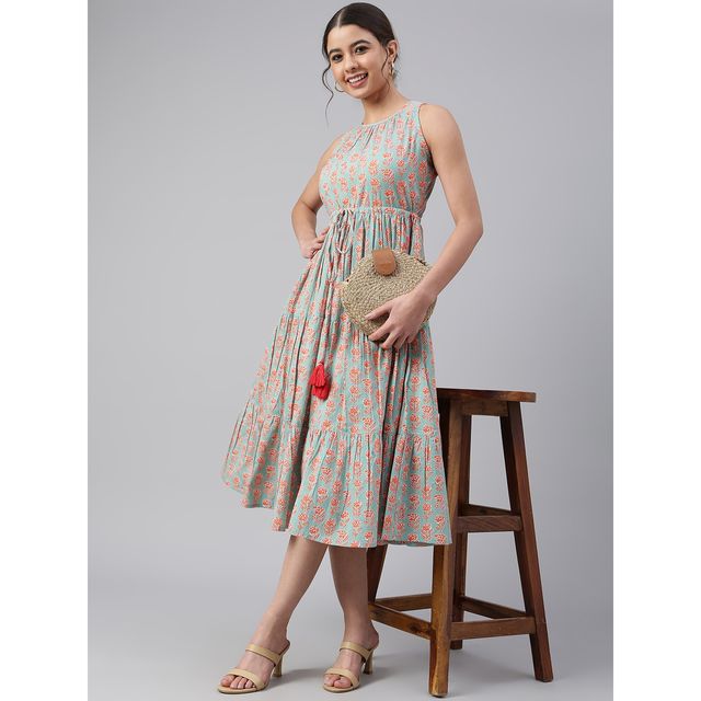 Janasya Women s Mint Green Pure Cotton Floral Block Print Tiered Western Dress - JNE3961-DR - M