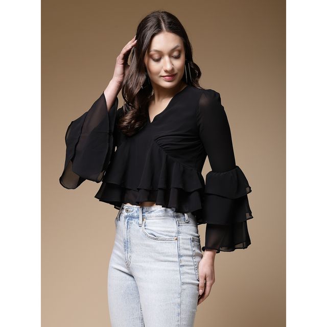 Freehand Women's Fit and Flare Solid Casual Ruffled Top | Black | M