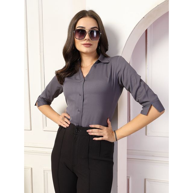Style Quotient Women Solid Polymoss Regular Casual Shirt | L | AW24SQARTI - Grey