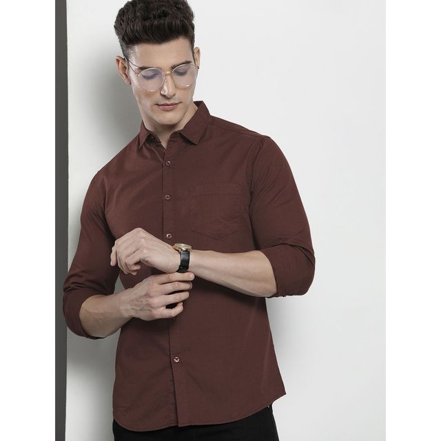 The Indian Garage Co Men's Regular Fit Solid Casual Shirt | Brown - L