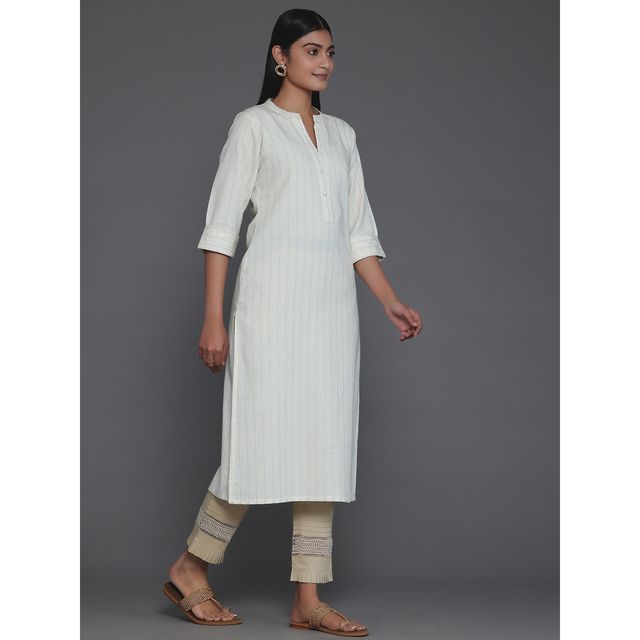 Libas Women's Cream Striped Cotton Straight Kurta | 26803 - S