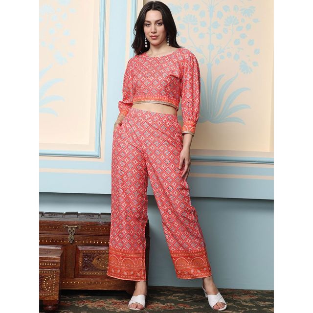 Ishin Women's Printed Cotton Co-ord Set | Red - M