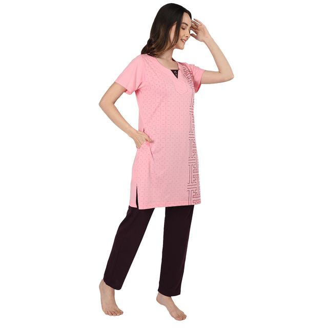 Duchess Women s Cotton Regular Fit Printed & Embroided Long Length Night Suit Set - Carrot | 2XL