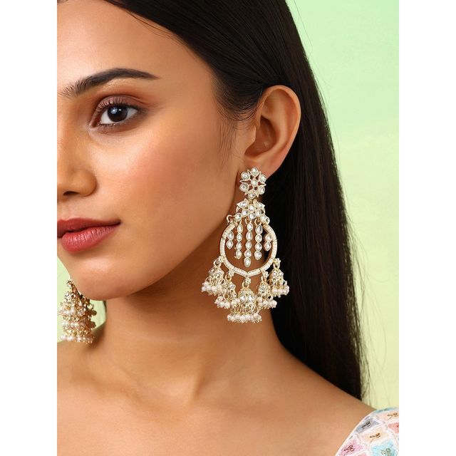 Priyaasi Gold-Plated Kundan Stone Studded And Pearls Beaded Contemporary Chandbalis