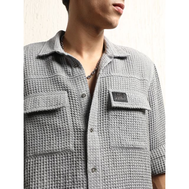 Hubberholme Men's Classic Cotton Casual Waffel Oversized Double Pocket Shirt | Grey - 44