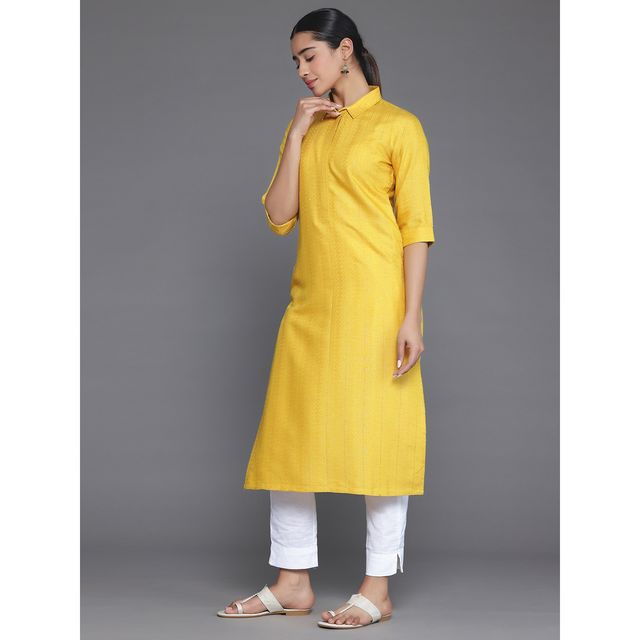 Libas Women's Yellow Woven Design Cotton Straight Kurta | 26876 - L