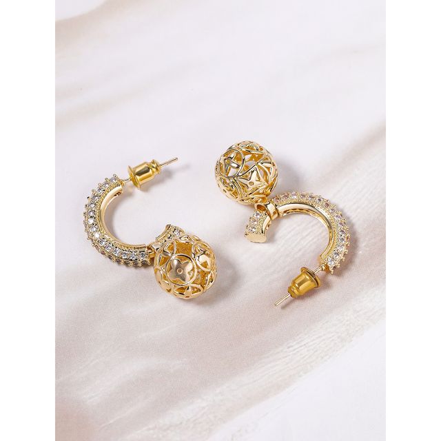 Rubans 18K Gold-Plated Cubic Zicronia Studded Open Hoop Earrings with Filigree Detailing