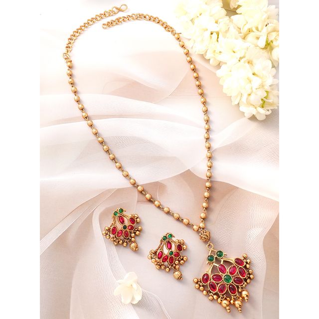 Rubans 22K Gold-Plated Emerald Green, Ruby Pink Kundan Jewellery Set with Golden Beads