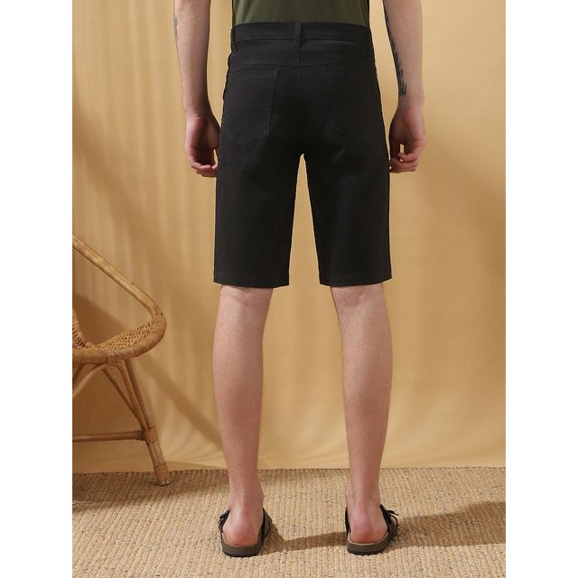 Dennis Lingo Men's Knee Length Mid-Rise Cotton Casual Shorts | DLMWSS25003 BK-28 | Black | 28