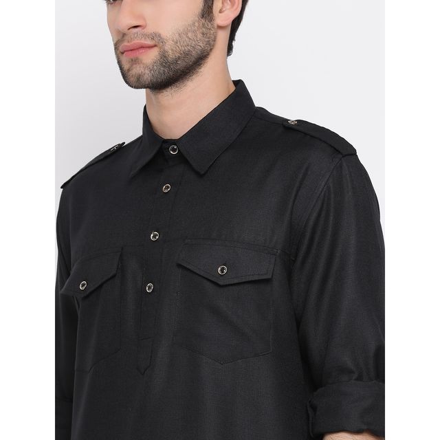 Vastramay Men's Cotton Blend Pathani Kurta | Black - XXL