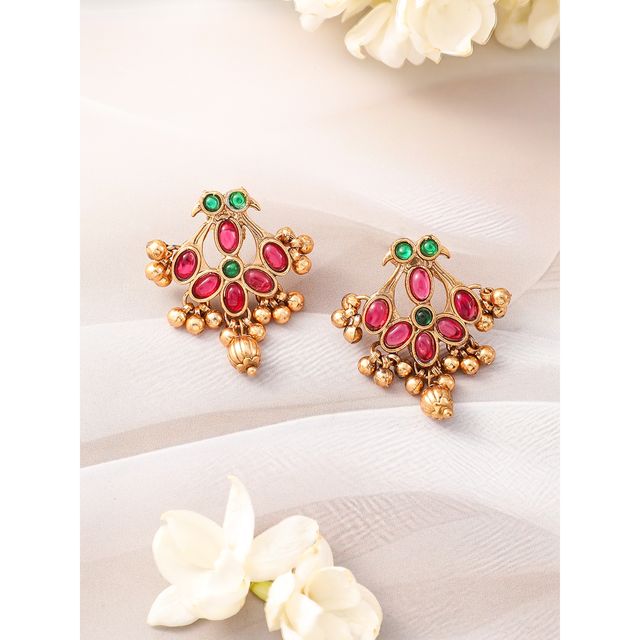 Rubans 22K Gold-Plated Emerald Green, Ruby Pink Kundan Jewellery Set with Golden Beads
