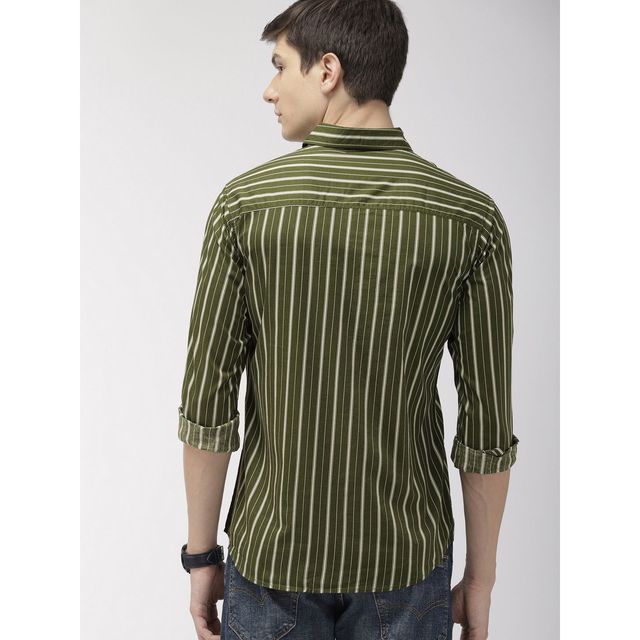 The Indian Garage Co Men's Slim Fit Multi Stripes Casual Shirt | Olive - 2XL