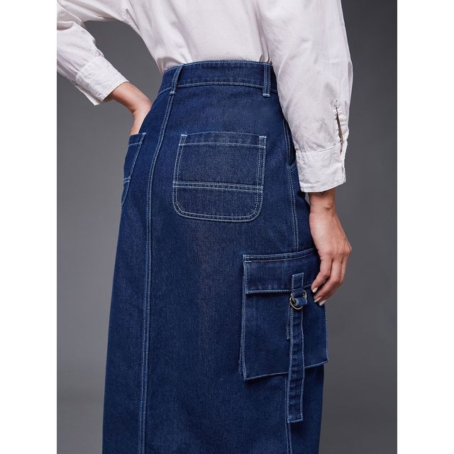Miss Chase Women s Timeless Enigma Cargo Midi Skirt Navy Blue | 34