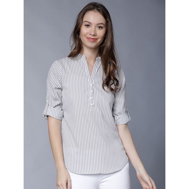 Tokyo Talkies Women's Casual Roll-up Sleeve Striped Top | Multicolor - M
