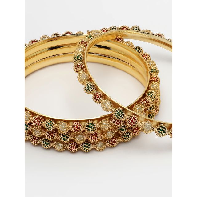 NVR Women's Set of 4 Gold-plated Beads Handcrafted Traditional Bangles | NVR2464-S
